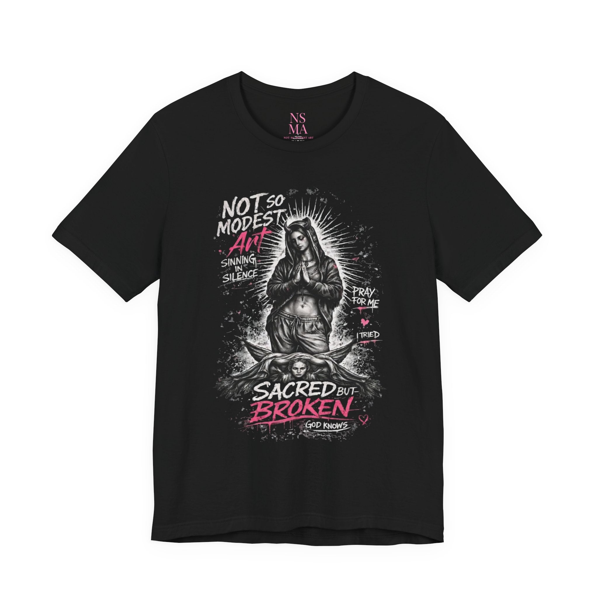 Sacred But Broken – Black Tee by Not So Modest Art | Defaced Classics Collection